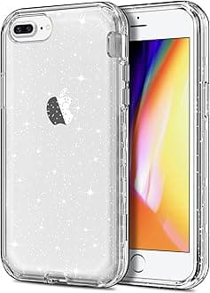 Hython Case for iPhone 8 Plus, iPhone 7 Plus Case, Crystal Clear Glitter Transparent Heavy Duty Defender Protective Bling Sparkle Hard Shell Hybrid Shockproof Rubber Bumper Phone Cover, Clear Glitter