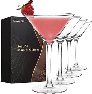 Bella Vino Set of 6 Martini Glasses, Cosmopolitan Margarita Glass Cups, Whiskey, Gin, Tequila, Tall Cocktail Glasses Bar Drinking Glasses Goblet Gift Set.