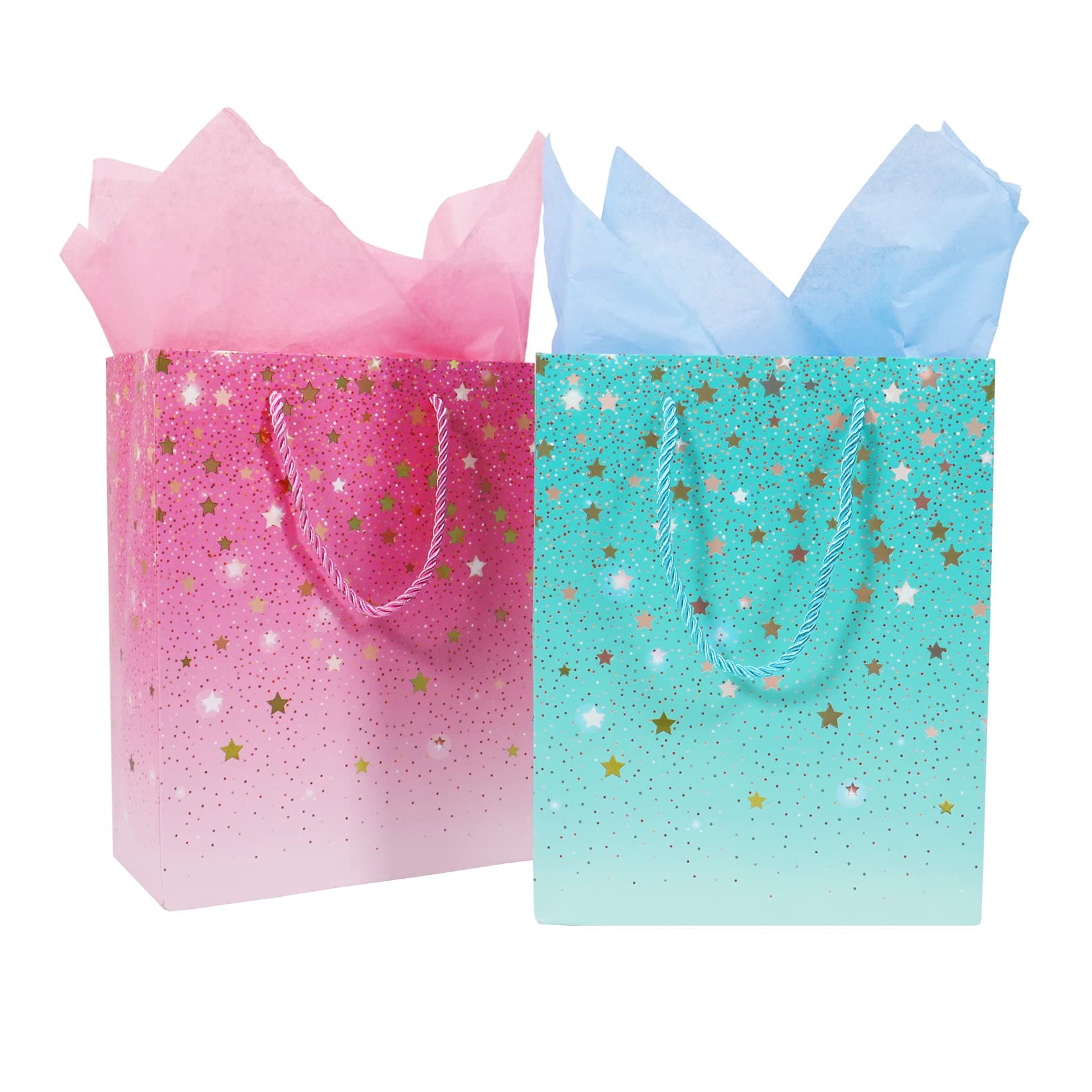 Nideen2 Pack Gift Bags with 4 Tissue Paper, Small Medium Gift Bag for Present, Birthday Gift Bag for Women, Wedding, Baby Shower, Graduation Party, Bridal Shower(Blue, Pink)
