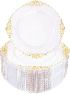 100 Pieces Gold Plastic Plates - Clear Gold Disposable Plates - 10.25inch Clear Plastic Dinner Plates With Gold Rim for Weddings & Parties & Shower