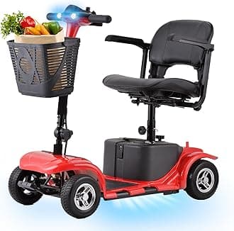 Mobility Scooter for Seniors, Adults, 4 Wheels Removable Electric Powered Chargeable Device, Foldable and Portable, with LED Headlights and Basket, Charger Include (Red/Black)