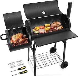 HaSteeL Charcoal Grill with Offset Smoker, Outdoor Barrel BBQ Grill, Camping Barbecue Grill for Patio Backyard Garden Party Picnic, Large 420.SQ.IN Cooking Area, 2 Screwdrivers & 6 Hooks - Black