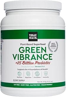 - Vibrant Health, Green Vibrance, Includes 65 Plant-Based Superfoods, 25 Billion Probiotics, Fiber, Adaptogens & Enzymes, 83 Servings