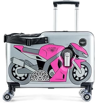LIL FLYER GO Version 2 Ride On Suitcase for Kids | Carry On Luggage with Toddler Seat, Foldable Handlebars, Pedals, and Removable Wheels | Holds up to 80 lbs | Pink Motorcycle | Ages 2-6