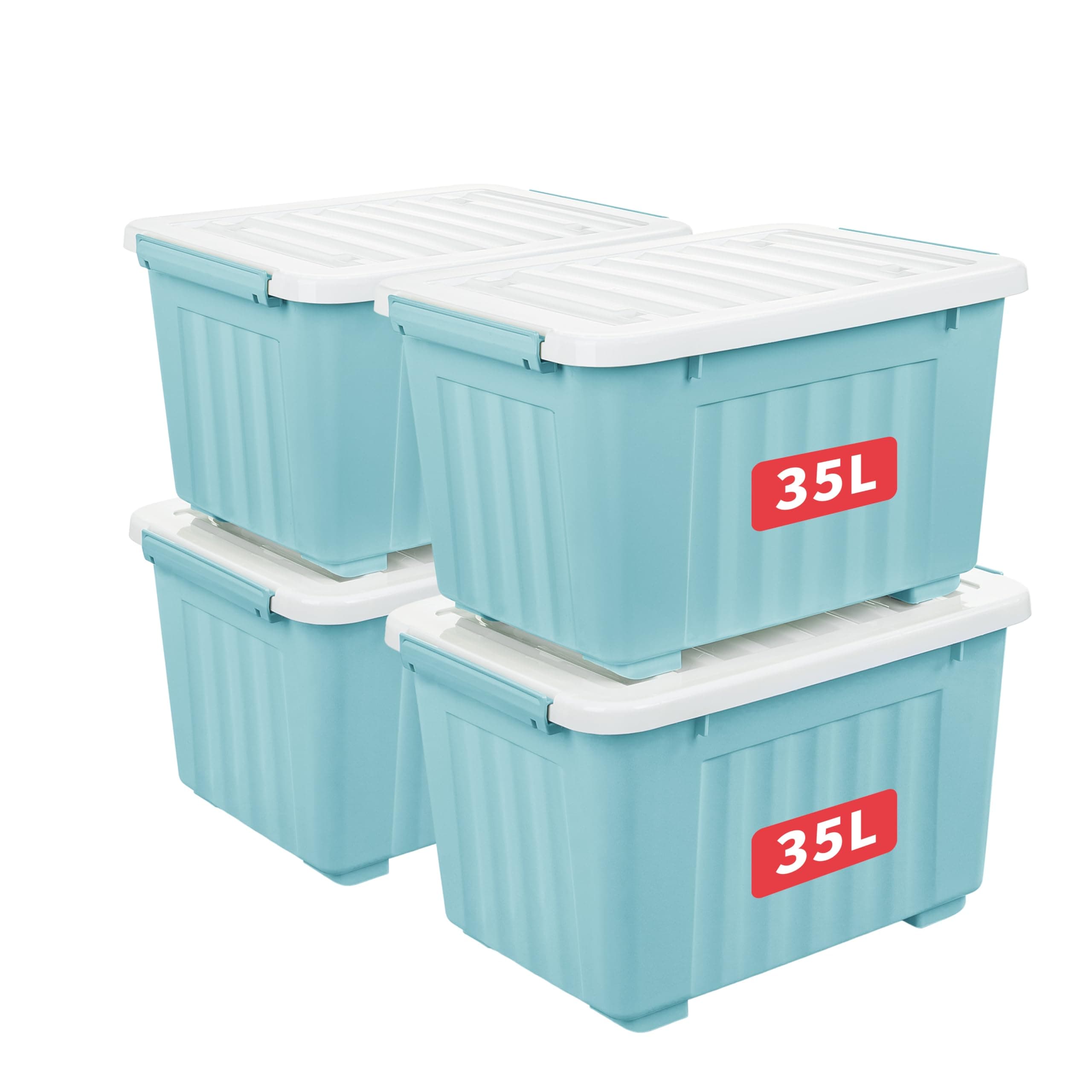 Cetomo 35L*4 Storage Boxes with Wheels, Plastic Storage Box with Lid, Latching Buckles, Click Closure, Stackable, Nesting, Durable Organizer for Home Office Clothes, Blue, 35L-4 Pack