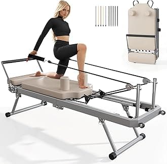 Pilates Reformer Machine for Home Gym Workout, Foldable Pilates Equipment with High Strength Alloy Springs for Beginners, Up to 400lbs