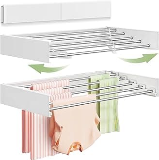 Wall Mounted Clothes Drying Rack 32", Foldable Wall Mount Laundry Rack Folding Indoor, Drying Rack Clothing Collapsible, Hidden Space Saver with Wall Template, 5 Rods, White
