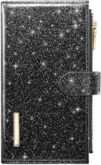 Womens RFID Blocking Large Capacity Wallet Multi Card Organizer Bifold Wallet for Women with Zipper Pocket, Black Glitter, Large, Casual