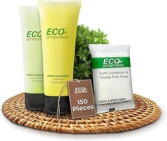ECO amenities Travel Kit - Mini Shampoo & Conditioner Set - Eco Paraben-Free Soap Bars & Travel Essentials - Individually Wrapped Hotel Amenities Kit - 1 Fl Oz each, Pack of 150, Green Tea