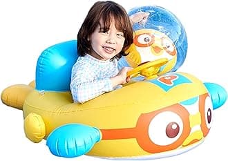 Toddler Float with Detachable Sun Canopy Cover, Foldable for Travel, Pororo Style Airplane Inflatable Swimming Float Tube for Toddlers Boys Girls