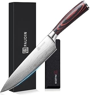 PAUDIN Gyuto Knife 200mm with Sheath Wooden Handle Chef Knife Sharp Knife Double-Edged Left-Handed Compatible 5Cr15Mov High Carbon Stainless Steel Versatile Knife Rust-Proof Durable Long-Lasting
