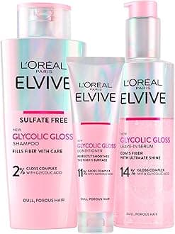 L'Oréal Paris Elvive Glycolic Gloss Conditioner + Shampoo + Rinsing Serum Set for Dull and Porous Hair, Elvital Glycolic Shine, Intense and Long-Lasting Shine, 3 Bottles