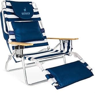 Ostrich the Deluxe 3N1 Lightweight Lawn Beach Reclining Lounge Chair with Footrest, Outdoor Furniture for Patio, Balcony, Backyard, or Porch, Blue Stripe