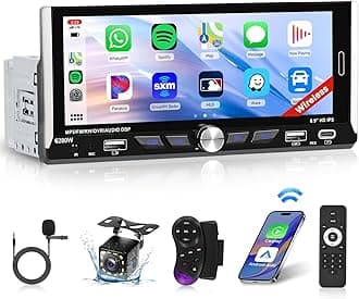 Newest 6.9 Inch Single Din Radio Stereo Wireless Apple Carplay Android Auto,1280 * 480 Touchscreen Stereo with Voice Control Bluetooth 5.0 MirrorLink Backup Came SWC FM 2 USB Type C EQ