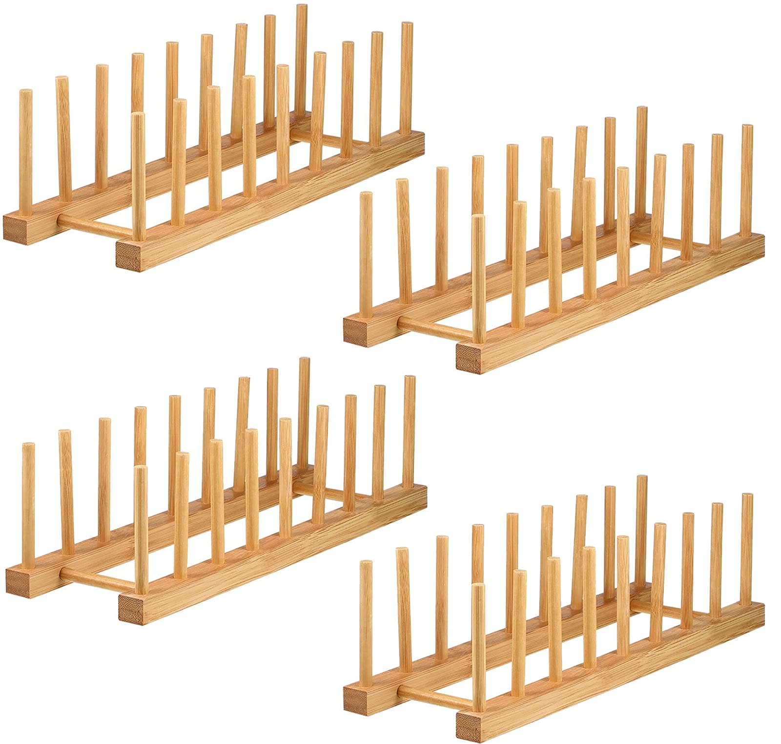 Lawei 4 Pack Bamboo Dish Drying Rack, Plate Rack Stand Pot Lid Holder, Dish Organizer Rack for Plates, Cups, Bowls, Dish, Cutting Board, Drying Rack Stand Drainer, Kitchen Cabinet Organizer
