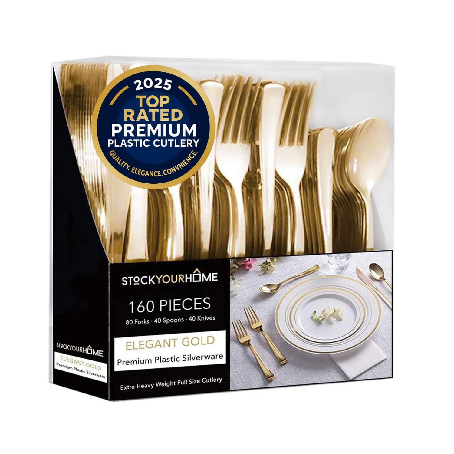 Gold Plastic Silverware Set (160 Bulk Pack) Disposable Cutlery Utensils, 80 Gold Forks, 40 Gold Knives, 40 Gold Spoons, Heavy Duty Flatware For Holidays, Parties, Dinners, Weddings, and Occasions
