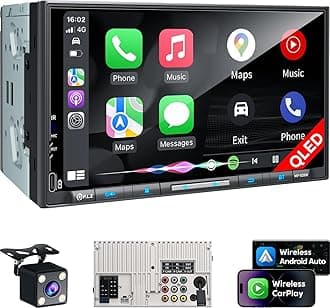 PLZ QLED Dual Din 7 Inch Wireless Car Stereo Screen for Car, Android Auto, Bluetooth 5.3, Fast Charger, 1080P Backup Camera, 4.2 Channel 240W Outputs 2 Subwoofer