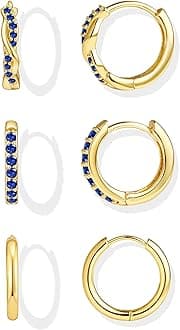 Inerney 14K Gold Plated Huggie Hoop Earrings for Women, Small Sterling Silver Earring Set Hypoallergenic Cartilage Helix Stacks, Mini Dainty Cute Trendy Birthstone Jewelry Gift for Multiple Piercings