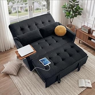 Sleeper Sofa Bed, 52‘’ Convertible Pull Out Couch with Small Table| USB Port | Side Pockets | Corduroy Fabric | Adjustable Backrest for Apartment, Office, Bedroom, Guest Room (Black)