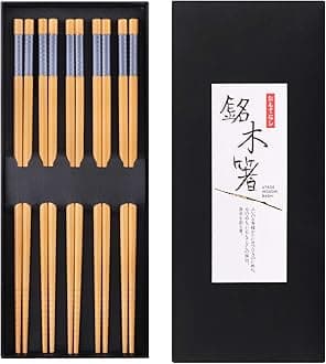 GLAMFIELDS Reusable Chopsticks Japanese Natural Bamboo Classic Style 5 Pairs Lightweight Safe Chop Sticks 8.8 Inch/22.5cm Gift Set