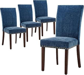 Upholstered Parsons Dining Chairs Set of 4, Fabric Dining Room Kitchen Side Chair with Nailhead Trim and Wood Legs - Dark Blue
