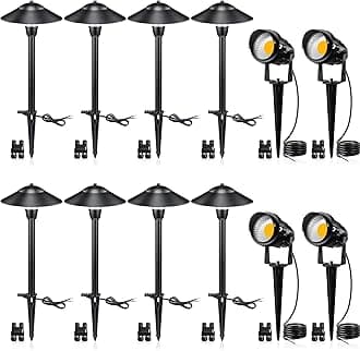 LED Low Voltage Landscape Lighting 12V Landscape Lighting Kit with Connectors, Low Voltage Pathway Lights with Spotlights Aluminum Pathway Lights Wired Waterproof for Patio Yard Garden, 12 Pack
