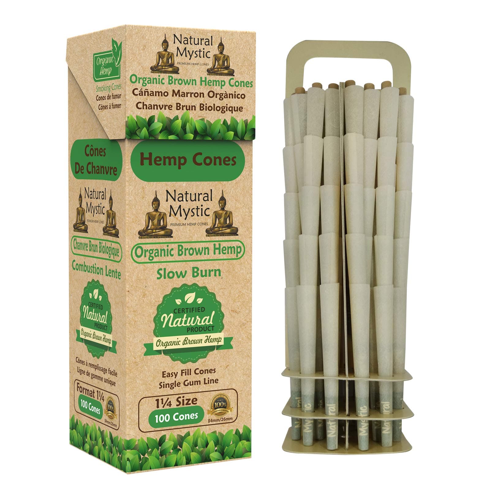 Pre Rolled Cones 1 1/4 Size – 100 Brown Classic Paper Tubes Natural Mystic Organic Rolling Papers With Tips Use Cone Loader Packing Sticks