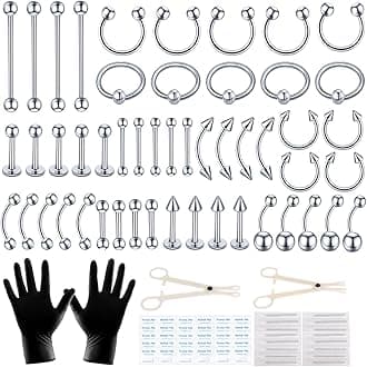104pcs Piercing Kit 14G16G Kit Piercing Kits for all piercings (Stainless steel color)