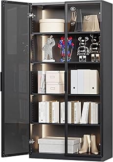 PEUKCDisplay Cabinet with Glass Doors Glass Display Cabinet with Ligths Display Case Curo Cabinets with 4 Adjustable Shelves for Home, Office, Clinic, Pantry, Assemble Required,Black