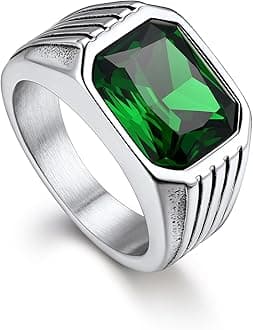 Bandmax Gemstone Signet Rings for Men, Stainless Steel Fancy Cut Cubic Zirconia Rings Blue Topaz/Emerald/Black Onyx/Ruby Ring Statement Ring Wedding Ring Size 7-14