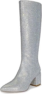 Rhinestone/PU Low Chunky Pointed Toe Knee High Boots for Women with Full Bling Sparkly Crystals Booties for Wedding Party Date Dress