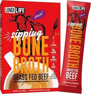 LonoLife Grass-Fed Beef Bone Broth Powder with 10G Protein, Stick Packs, 24 Count