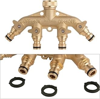 [Brass Body with Shut Off] Tech Traders 4-Way Brass Faucet Manifold Garden Hose Connector with Individual Brass Shut-Off Valve, 3/4" Tap & Outlets with Quick Connector Solid Brass Material