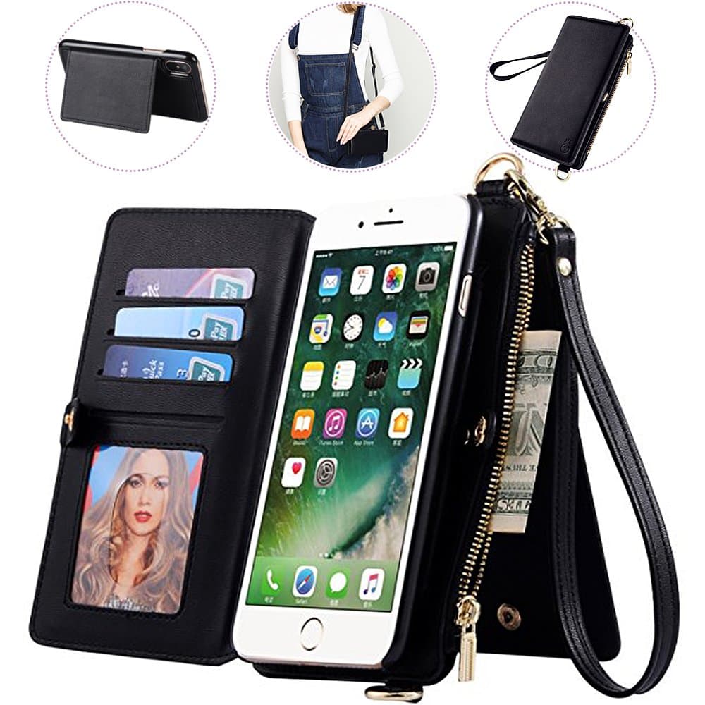 iPhone 7/8 Wallet Case with Crossbody Strap,Auker 2 in 1 Detachable Leather Zipper Wallet Case with 12 Card Holder&Money Pocket Folio Flip Folding Stand Purse Message Bag for Women iPhone 7/8 (Black)
