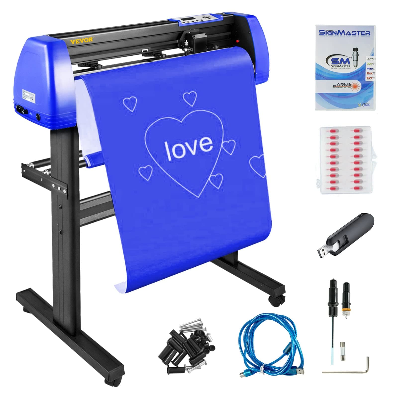 VEVOR Vinyl Cutter Machine, 28 Inch Paper Feed Cutting Plotter Bundle, Adjustable Force & Speed Vinyl Printer, LCD Display Windows Compatible Sign Making kit w/Signmaster, Stand, 20 Blades