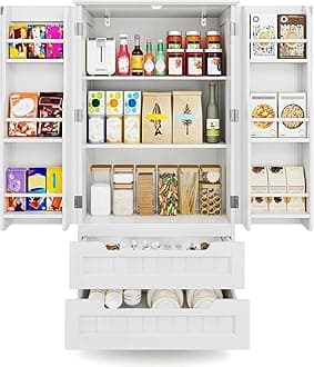 Gizoon Kitchen Pantry Storage Cabinet with Drawers Freestanding Bathroom Storage Cabinets with Doors and Shelves, 47" Small Food Pantry Cabinet for Dining Room Craft Room, White