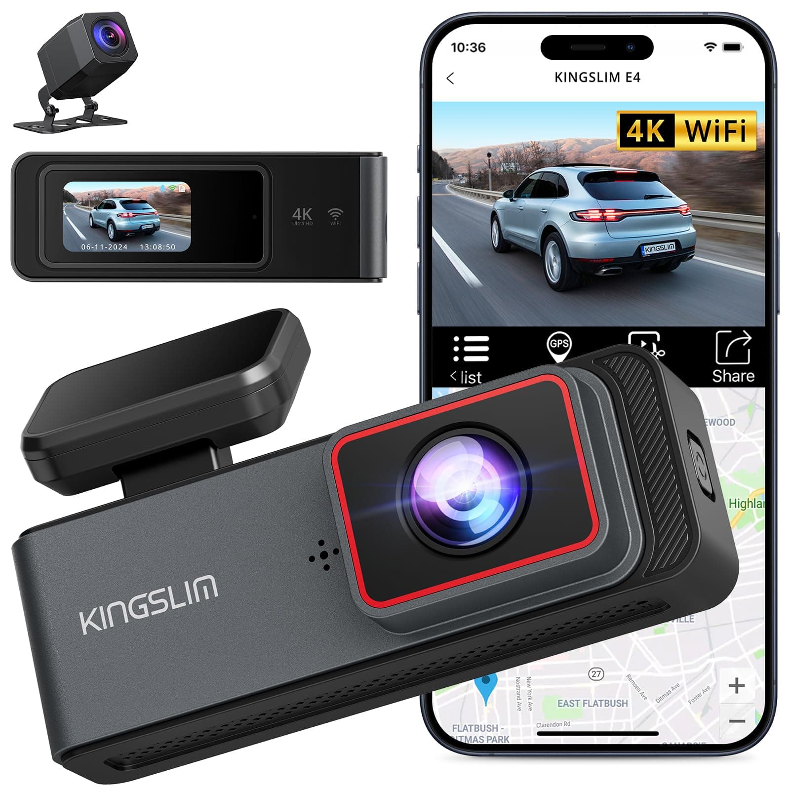 E4 4K Dash Cam Front and Rear, WiFi Front 4K Rear 1080P Dual Dash Camera for Cars, Mini Dashcam with APP Control, Night Vision, Parking Mode