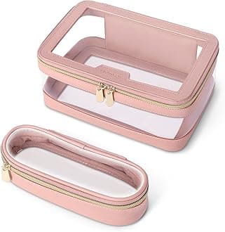Travel Clear Makeup Bag with Makeup Brush Bag, Leather Makeup Case Toiletry Bag, Portable Cosmetic Bag Case, Transparent Waterproof Cosmetic Organizer Storage Bag for Women, Medium, Pink