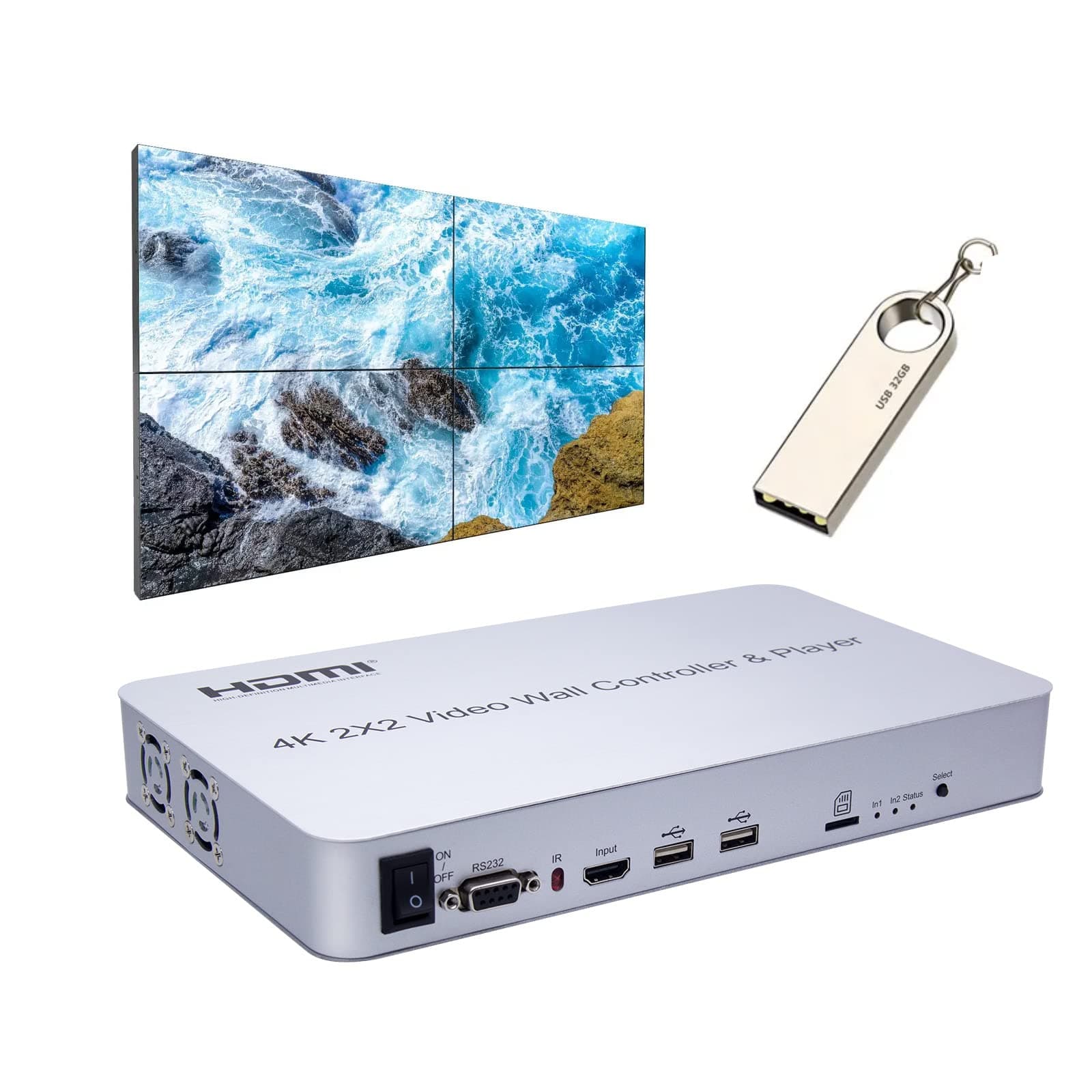 2x2 Video Wall Controller USB+HDMI Input HDMI Output with Media Player,4K Fully-Digital Processing HDMI Splitter 180 Degree Rotation, HD LCD Splicing Screen led TV Wall Monitor 1x3 1x4 2x1 1x2 3x1 4x1