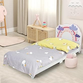 HONEY JOYTwin Bed Frames for Kids, Toddler Wooden Twin Bed Platform with Headboard & Slat Base, No Box Spring Needed, Children Bedroom Furniture for Boys Girls, Fits Standard Twin Mattress, Rainbow