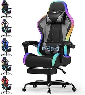 Devoko LED Gaming Chair with Footrest – Ergonomic Reclining Game Chair for Adults with Massage Lumbar Cushion, RGB Lights, High Back, Adjustable PC Gamer Chair, Grey