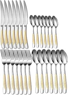 Mirror Finish Gold Plated Stainless Steel Flatware Set Copper Silverware Set Rose Gold Spoon Color Cutlery Set [Dinner Fork-Tea Spoon-Salad Spoon-Knife] Set of (Golden DOT, 28)