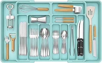 Lifewit Silverware Drawer Organizer, Expandable BPA Free Plastic Utensil Tray for Kitchen, Adjustable Flatware Cutlery Holder for Spoons Forks Knives, 21.3- 36 x 16.9", Turquoise
