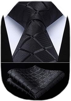 HISDERN Plaid Tie Handkerchief Woven Classic Stripe Men's Necktie & Pocket Square Set (Black)