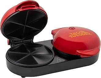 Taco Tuesday Double Street Taco Quesadilla Maker – Two Side-By-Side 5 Inch 6 Wedge Cooking Surface for Beef, Steak, Chicken, Bean, Veggie, and Cheese Street Taco-Sized Quesadillas - Red