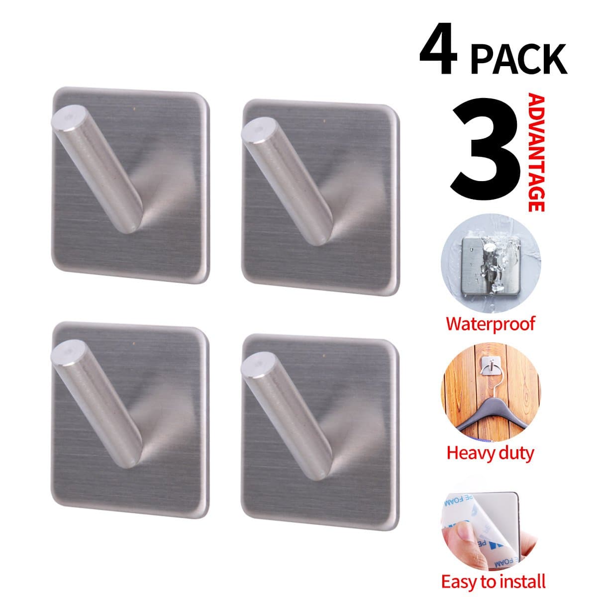 Bathroom Hooks Adhesive Hooks Clothes Hook Max 8kg Self Adhesive Hooks Stainless Self Adhesive Kitchen Durable Bedroom Bathroom Waterproof Sturdy Rust Protection Pack of 4