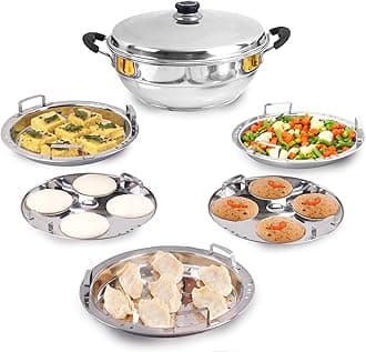 The Indus Valley Stainless Steel Idli Maker/Momo Maker/Multi Kadai/Steamer Set | Small, 5 Plates, 2 Idli | 2 Dhokla | 1 Steamer | 23cm/9 inch, 3Ltr, 1.7kg | 3-Layer Thick Bottom | Induction Friendly