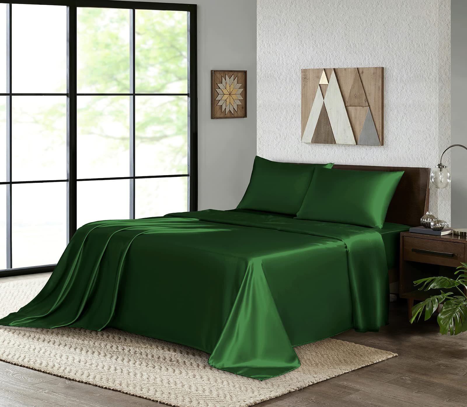 Satin Sheets Full Size - 4 Pieces Luxury Silky Soft Bed Sheets, Wrinkle-Free Dark Green Satin Silk Sheet Set with 1 Deep Pocket Fitted Sheet, 1 Flat Sheet, 2 Pillow Cases