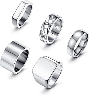 Sanfenly 5 PCS 14K Gold Rings for Men Mens Gold Ring Mens Stainless Steel Rings Square Signet Rings Pinky Thumb Ring Chunky Thick Band Cuban Link Chain Ring Cool Finger Ring Wedding Band Ring for Men（Size 7-15）