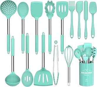 Silicone Kitchen Utensils Set with Stainless Steel Handle, Non-Stick Kitchen Utensils Set, 15 Pieces (Green)